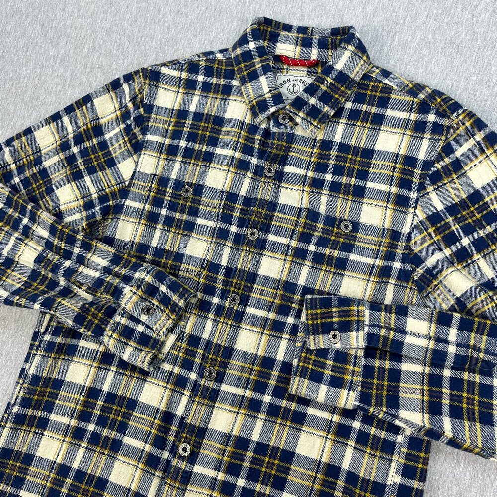 Iron & Resin Flannel Shirt Mens Large Blue Plaid Heavy Cotton Metal Buttons Surf